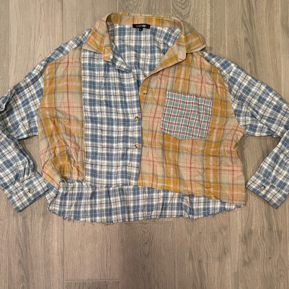 Papermoon Women’s Blue and Brown Plaid Shirt Size S
